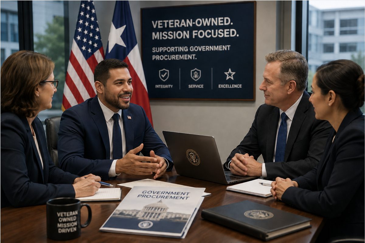 American VET MRO team reviewing a government procurement plan in a conference room, with American and Texas flags and a "Veteran-Owned. Mission Focused." sign in the background