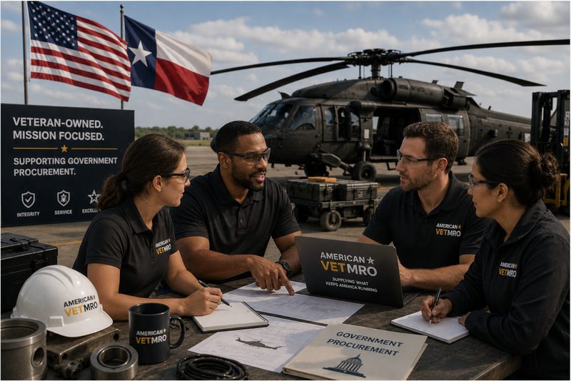 American VET MRO team in branded polos reviewing plans on the tarmac in front of a military helicopter